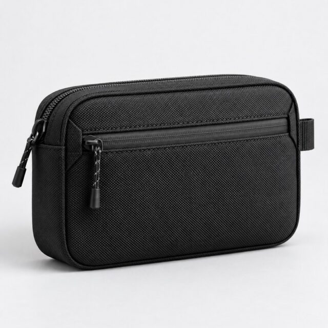 Fictional FIRSTSTACHE black pouch concept, front studio view