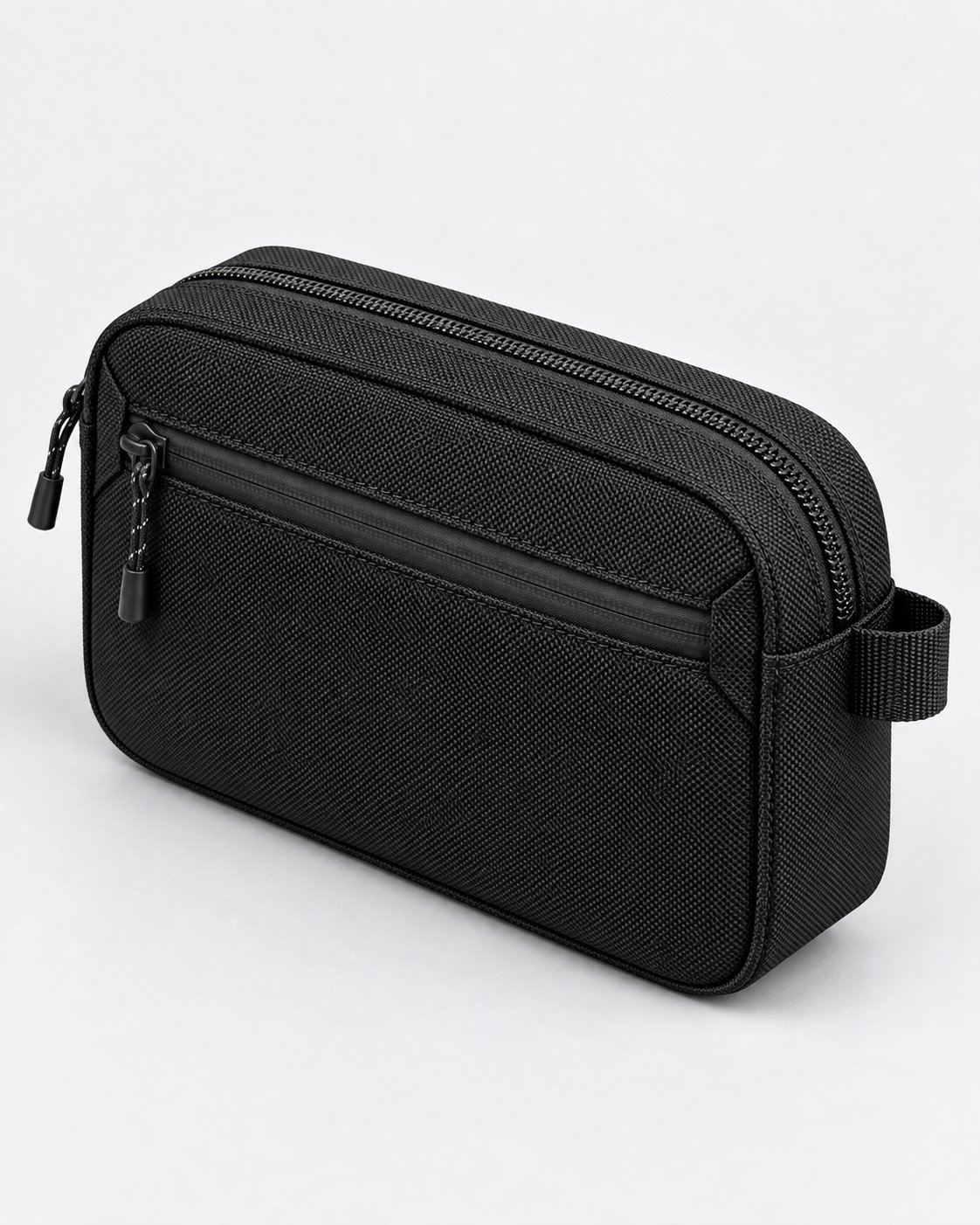Fictional FIRSTSTACHE black pouch concept, three-quarter studio view