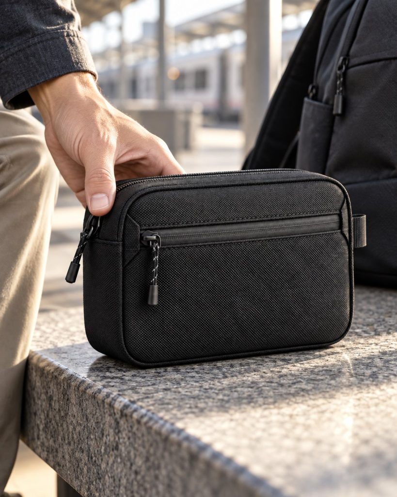 Fictional FIRSTSTACHE black pouch concept, closed pouch on a station bench beside a backpack